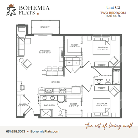 Floor plan for 2 beds, 2 baths, 1091 sqft